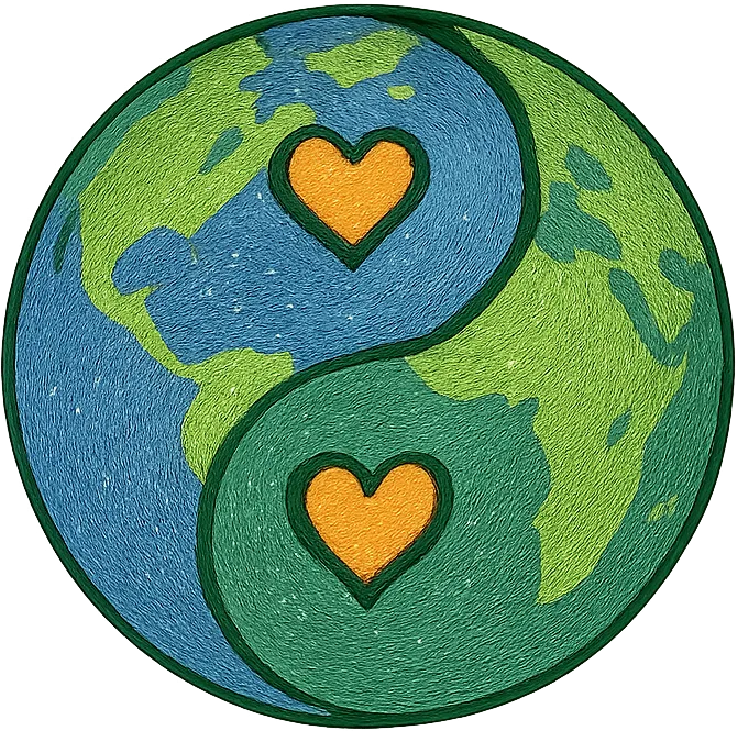 Earth as a yin-yang symbol with two golden hearts, representing complementary energies, love and wholeness